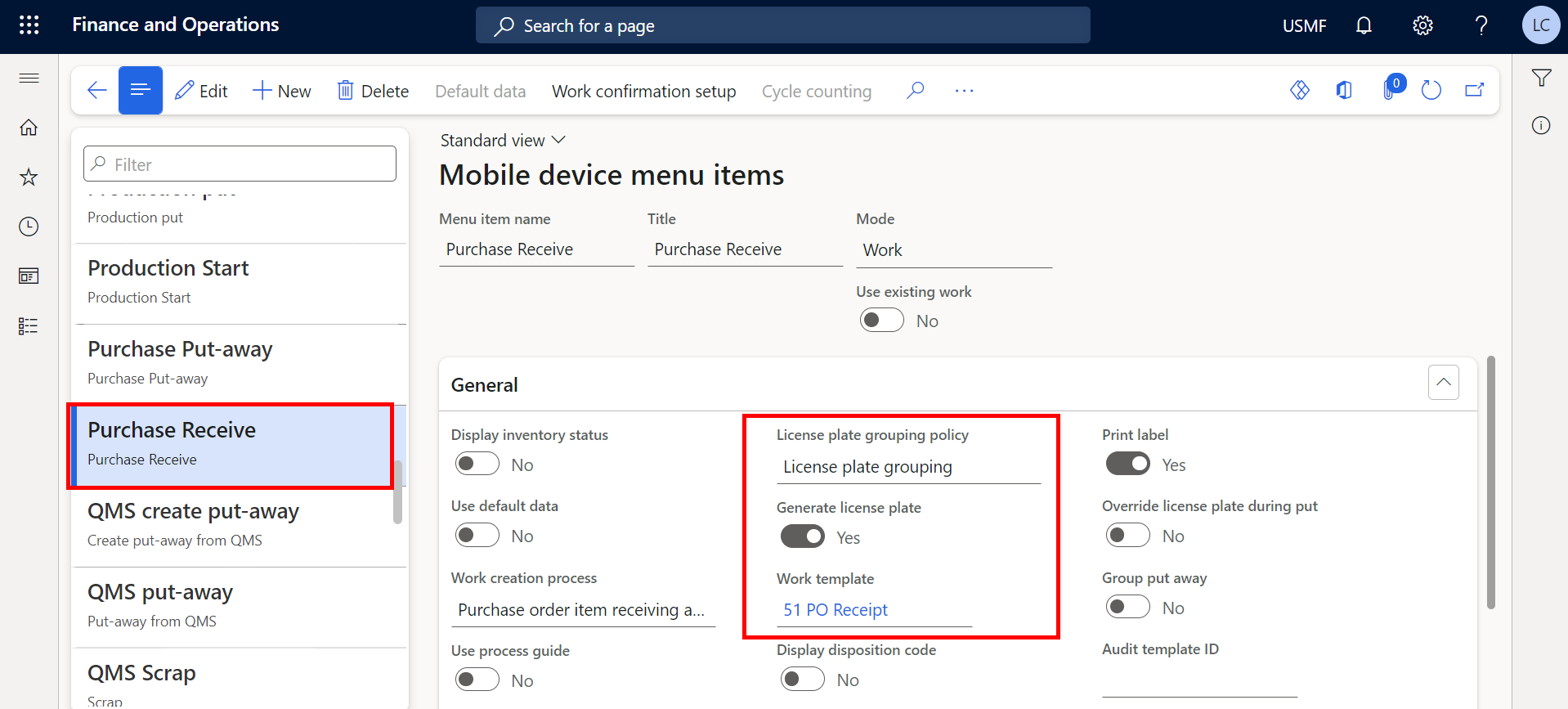 Enable Work Template  Print Label and License plate grouping policy