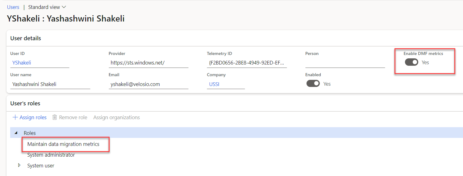 Data Migration metrics user setup